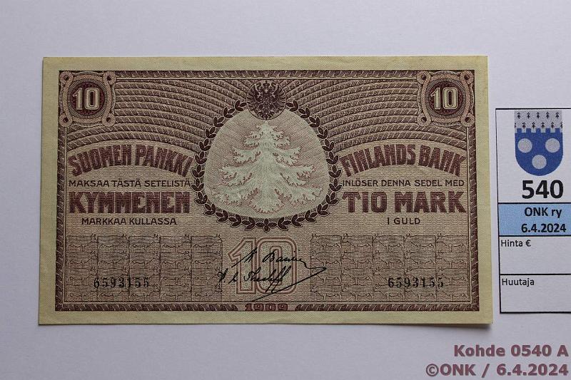 k-0540-a.jpg - Kohde 540 (kuva 1/2), lhthinta: 30 € / myyntihinta: 64 € 10 mk 1909 SNY 141.1.1 6593155 BA I-The, kunto: 6