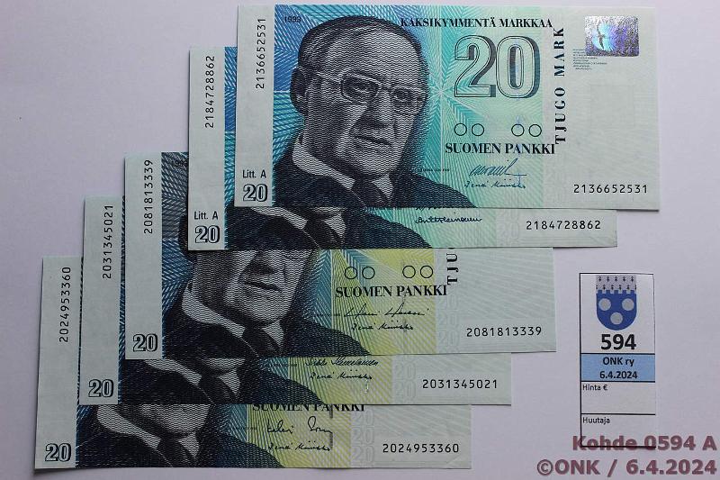 k-0594-a.jpg - Kohde 594, lhthinta: 10 € / myyntihinta: 17 € 20 mk 1993 (5) SNY 161.1(3); 161.2(2) LA, eri allekirjoituksia, kunto: 8-9