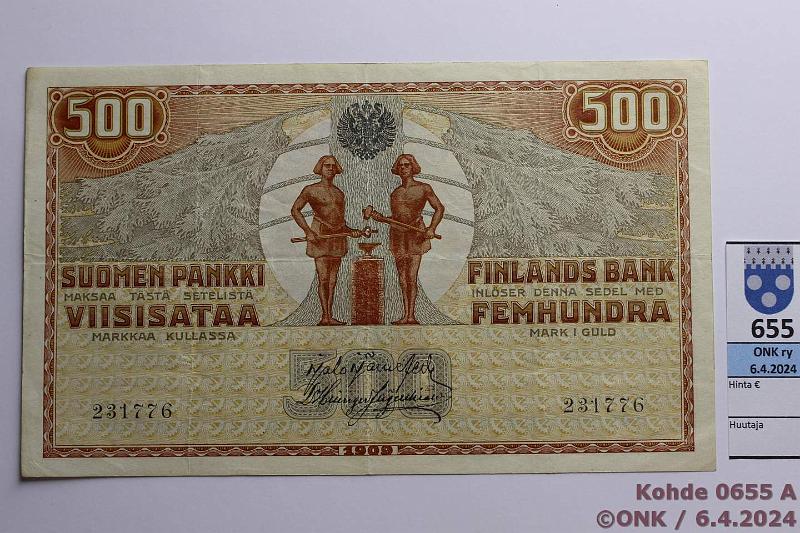 k-0655-a.jpg - Kohde 655 (kuva 1/2), l�ht�hinta: 40 &euro; / myyntihinta: 72 &euro; 500 mk 1909 KV SNY 188.2 231776 J�R-His, kunto: 5