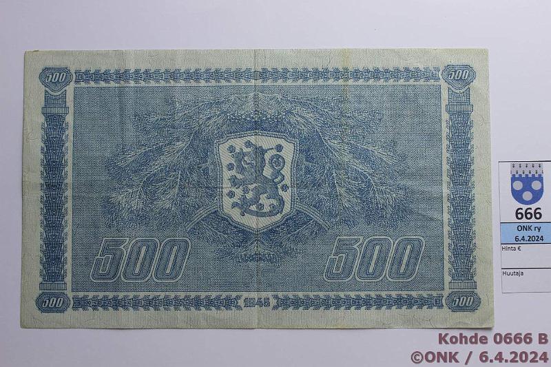 k-0666-b.jpg - Kohde 666 (kuva 2/2), l�ht�hinta: 35 &euro; / myyntihinta: 35 &euro; 500 mk 1945 LB SNY 190.2 C6895146 JUT-Kil, harv ak-pari (v), neulanreiki�, kunto: 4