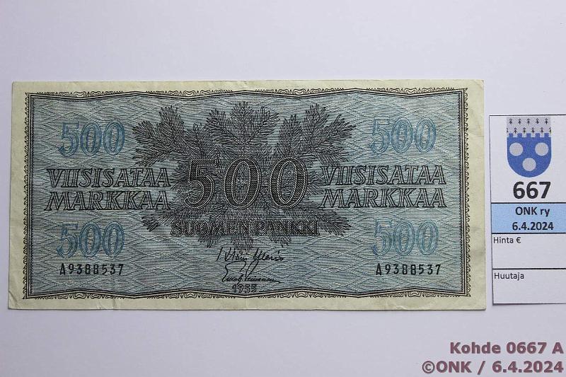 k-0667-a.jpg - Kohde 667 (kuva 1/2), l�ht�hinta: 50 &euro; / myyntihinta: 60 &euro; 500 mk 1955 SNY 191.1.1 A9388537 WAR-Lei, tahroja, kunto: 4