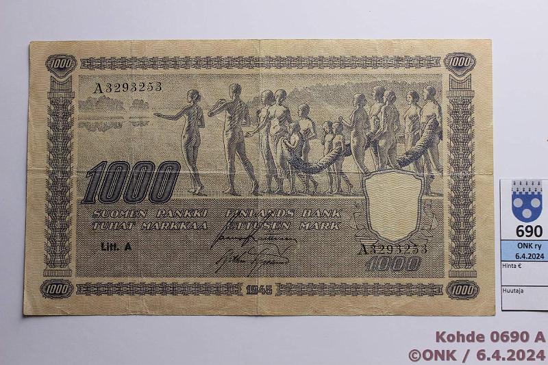 k-0690-a.jpg - Kohde 690 (kuva 1/2), lhthinta: 50 € / myyntihinta: 50 € 1000 mk 1945 LA SNY 199.1.1 A3293253 RAI-AAs, oik reunassa korjattu rep, kunto: 4