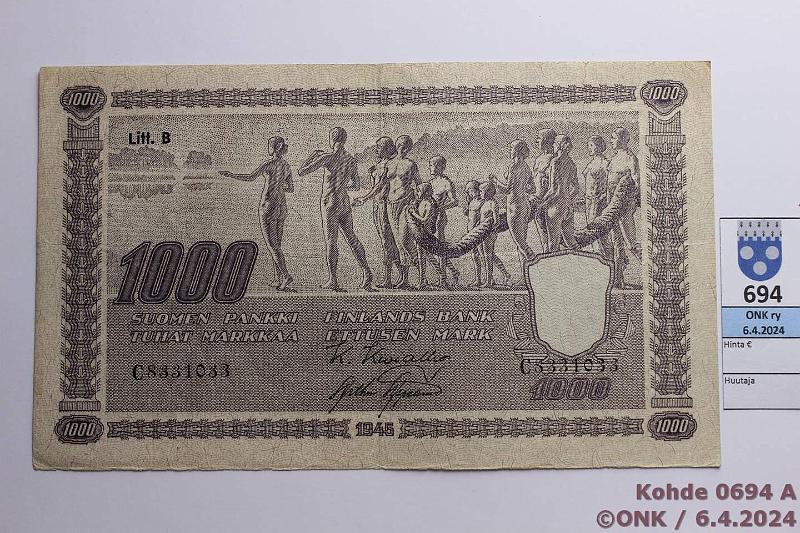 k-0694-a.jpg - Kohde 694 (kuva 1/2), l�ht�hinta: 50 &euro; / myyntihinta: 50 &euro; 1000 mk 1945 LB SNY 199.2.1 C8331033 KIV-AAs, kunto: 4