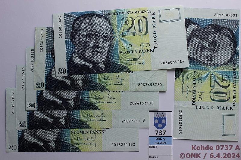 k-0737-a.jpg - Kohde 737, lhthinta: 12 € / myyntihinta: 12 € 20 mk 1993 (6) Sarjat 201.., 208..(2), 209..(2), 210.. Posin hyv kunto, kunto: 4-8