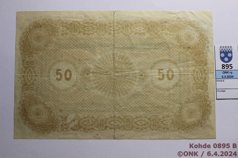 k-0895-b.jpg - Kohde 895 (kuva 2/2), lhthinta: 20 € / myyntihinta: 37 € Eesti 50 marka 1919 P#8 Treasury bill, Seeria B, rep, ohentumia, kunto: 4