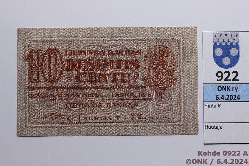 k-0922-a.jpg - Kohde 922 (kuva 1/2), l�ht�hinta: 90 &euro; / myyntihinta: 145 &euro; Liettua 10 centu 1922 P#10a Serija T, kulmataite ja pieni rasvatahra, kunto: 8
