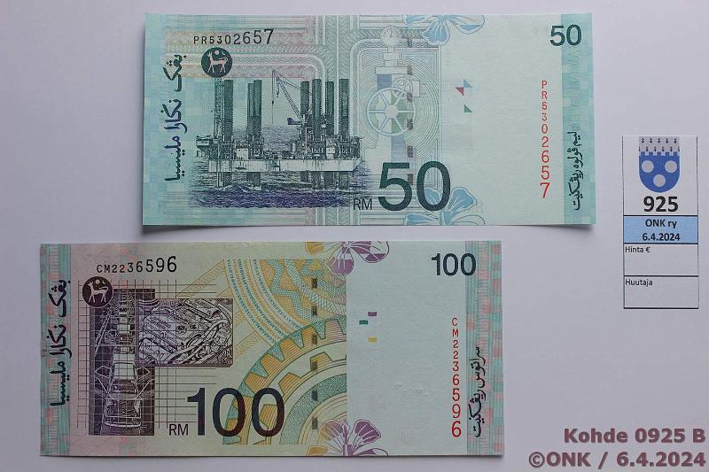 k-0925-b.jpg - Kohde 925 (kuva 2/2), lhthinta: 15 € / myyntihinta: 27 € Malesia 50 + 100 ringgit ND(1998-2001) P#43d, 44d Ei taitteita, ylreunassa pient eptasaisuutta, kunto: 8