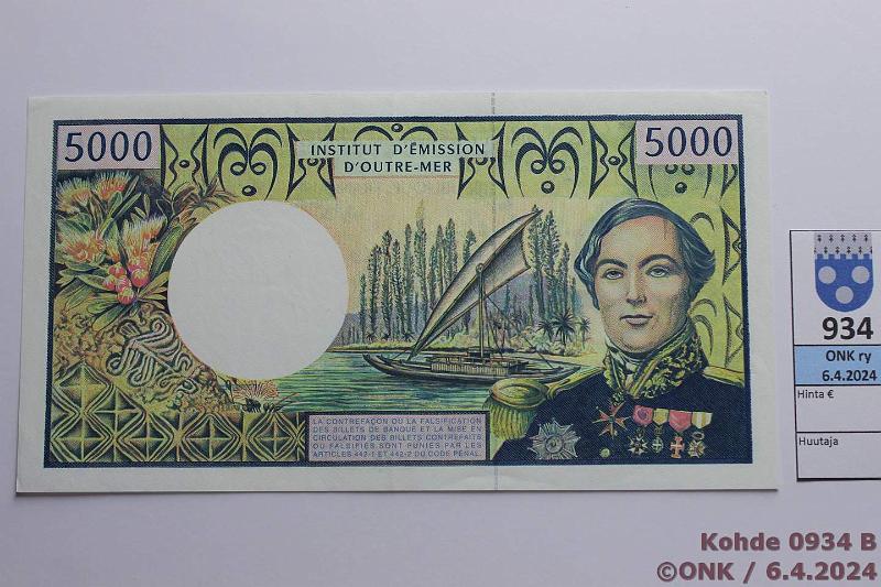k-0934-b.jpg - Kohde 934 (kuva 2/2), lhthinta: 30 € / myyntihinta: 52 € Ranskan merentakaiset alueet 5000 fr ND(1992) P#3b French Pacific Territories, kunto: 6