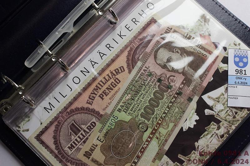 k-0981-a.jpg - Kohde 981 (kuva 1/3), lhthinta: 20 € / myyntihinta: 52 € Miljonrikerho (18) 1923-2008 Korkean nimellisarvon inflaatioseteleit: Saksa 2milj.mk 1923; Kreikka 1milj.dr -44; Unkari 1 bilj.p -46; Venj 10 000r -92; Zaire 5milj.z -92; Kroatia 50mrd.din -93; Jugoslavia 500milj.din -93; Afganistan 10 000af -93; Bosnia&Herzegovina 5milj.din -93; Brasilia 100 000cr -93; Georgia 1milj.l -94; Angola 500 000kw -95; Valko-Venj 100 000r -96; Peru 10 000i -88; Nigaragua 10 milj.cor -90; Romania 50 000lei 2001; Irak 10 000din -02; Zimbabwe 100bilj.zd-08; Paraguay 10 000g -08. Kolme ensimmist kl 4-5, loput kl 8-9. Monetan selosteet., kunto: 4-5, 8-9