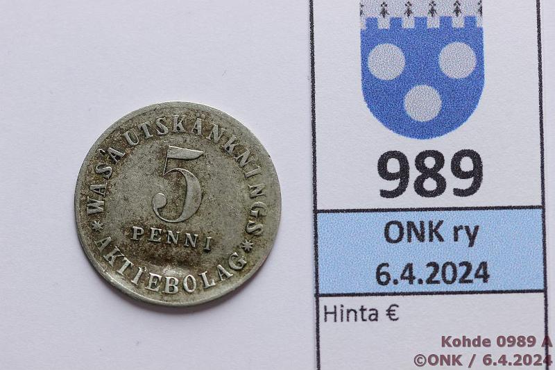 k-0989-a.jpg - Kohde 989 (kuva 1/2), lhthinta: 15 € / myyntihinta: 15 € 5 p anniskelupoletti Wasa Utsknknings Aktiebolag, taipuma, kunto: 5