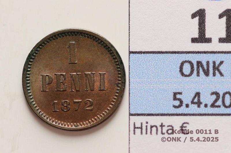 k-0011-b.jpg - Kohde 11 (kuva 2/2), lhthinta: 80 € / myyntihinta: 120 € 1 p 1872 Leimakiiltoa 1/3, patinaa. Harvinainen tss kunnossa!, kunto: 8