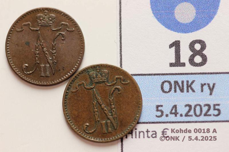 k-0018-a.jpg - Kohde 18 (kuva 1/2), l�ht�hinta: 10 &euro; / myyntihinta: 10 &euro; 1 p 1903 (2) SNY 28.1.1+.2 Normaali ja iso 3, tumma patina, kunto: 5, 7