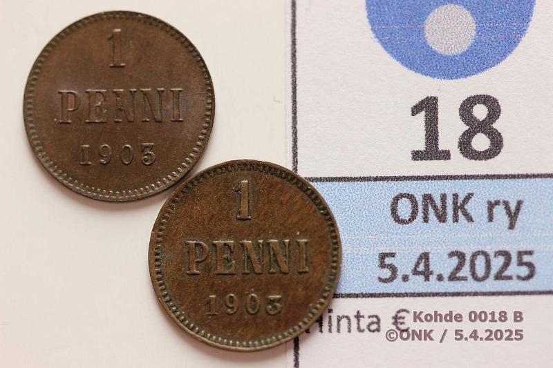k-0018-b.jpg - Kohde 18 (kuva 2/2), lhthinta: 10 € / myyntihinta: 10 € 1 p 1903 (2) SNY 28.1.1+.2 Normaali ja iso 3, tumma patina, kunto: 5, 7