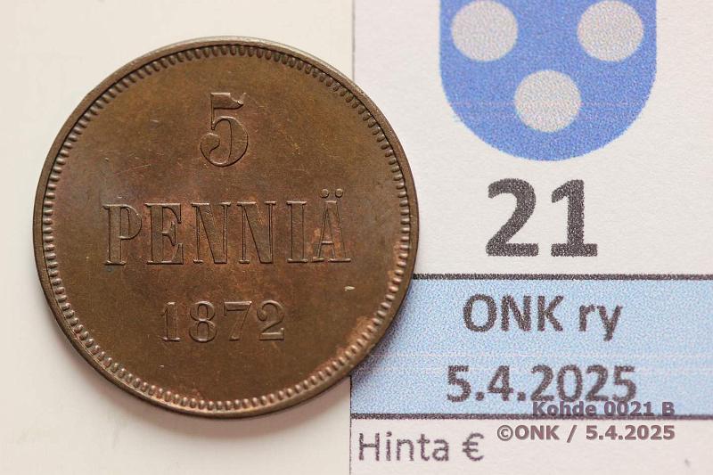 k-0021-b.jpg - Kohde 21 (kuva 2/2), lhthinta: 200 € / myyntihinta: 310 € 5 p 1872 Leimakiiltoa 1/3:ssa rahaa, harvinainen kunto tlle v:lle!, kunto: 8