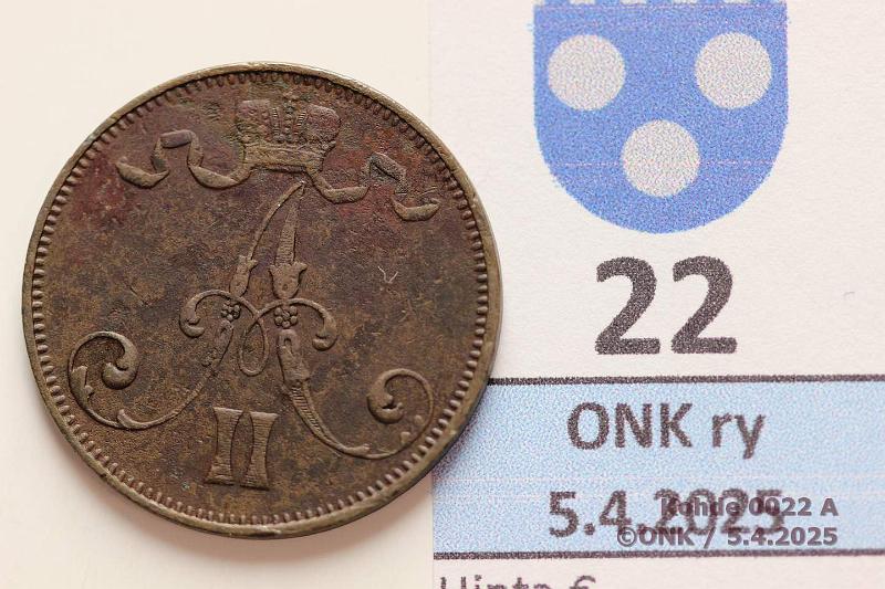 k-0022-a.jpg - Kohde 22 (kuva 1/2), lhthinta: 25 € / ei tarjouksia 5 p 1873 Pinta jnkv korrodoitunut, kunto: 5/6