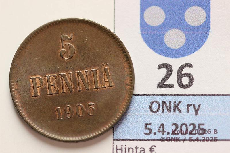 k-0026-b.jpg - Kohde 26 (kuva 2/2), lhthinta: 50 € / myyntihinta: 50 € 5 p 1905 Hieman leimakiitoa, kunto: 7