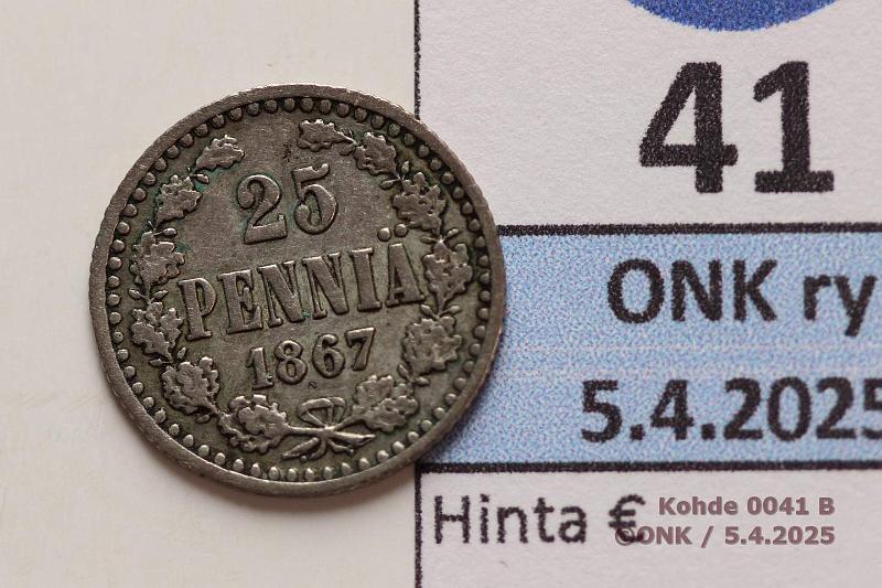 k-0041-b.jpg - Kohde 41 (kuva 2/2), lhthinta: 300 € / ei tarjouksia 25 p 1867 Ag. Leijona nkyy, tunnusp pnja, kunto: 3/4