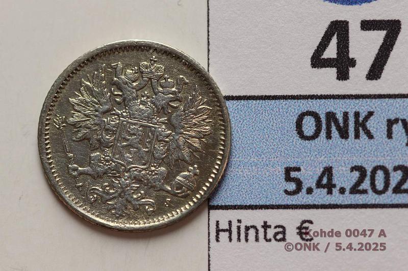 k-0047-a.jpg - Kohde 47 (kuva 1/2), lhthinta: 50 € / myyntihinta: 82 € 25 p 1872 SNY 271.1 Ag. Lpuhd, kunto: 7