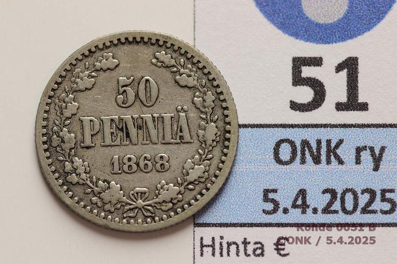 k-0051-b.jpg - Kohde 51 (kuva 2/2), lhthinta: 40 € / myyntihinta: 46 € 50 p 1868 Ag, kunto: 2/3