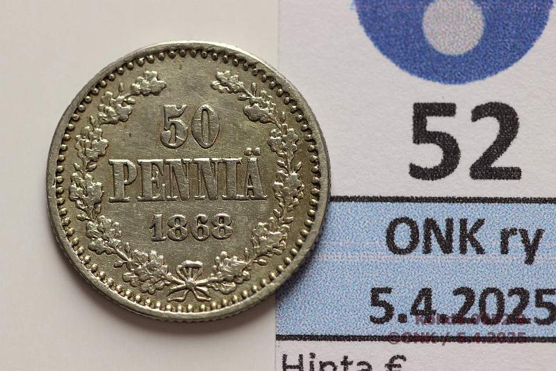k-0052-b.jpg - Kohde 52 (kuva 2/2), lhthinta: 500 € / myyntihinta: 560 € 50 p 1868 Ag. Poikkeuksellinen kunto tlle v:lle!, kunto: 6/7