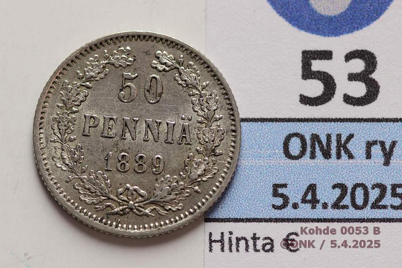 k-0053-b.jpg - Kohde 53 (kuva 2/2), lhthinta: 20 € / myyntihinta: 20 € 50 p 1889 SNY 324.1 Ag. Hieman patinaa, kunto: 6/7