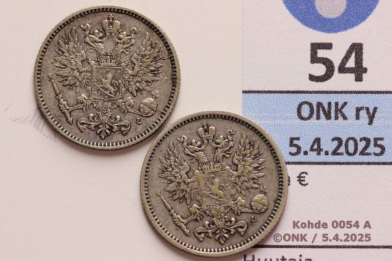 k-0054-a.jpg - Kohde 54 (kuva 1/2), lhthinta: 5 € / myyntihinta: 5 € 50 p 1892 (2) SNY 327.1+.2 Ag, kunto: 5, 4