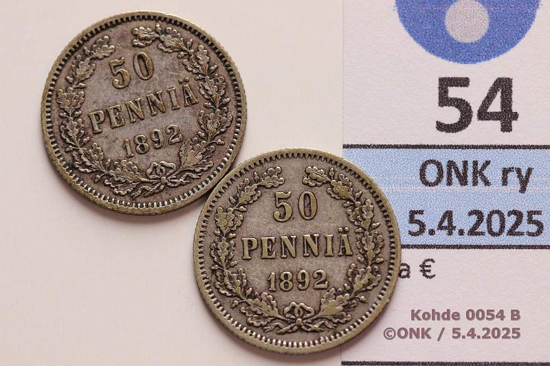 k-0054-b.jpg - Kohde 54 (kuva 2/2), lhthinta: 5 € / myyntihinta: 5 € 50 p 1892 (2) SNY 327.1+.2 Ag, kunto: 5, 4