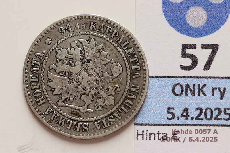 k-0057-a.jpg - Kohde 57 (kuva 1/2), lhthinta: 60 € / myyntihinta: 60 € 1 mk 1864 SNY 397.1.1.2 Ag. Uusi rihlaus, kunto: 3