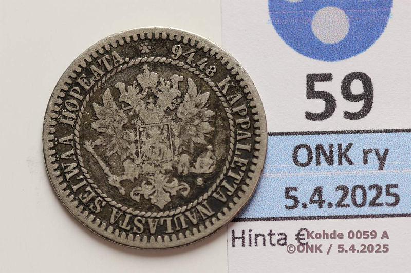 k-0059-a.jpg - Kohde 59 (kuva 1/2), lhthinta: 5 € / myyntihinta: 5 € 1 mk 1865 SNY 398.2.2 Ag, kunto: 3