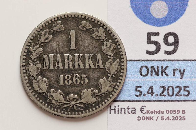 k-0059-b.jpg - Kohde 59 (kuva 2/2), lhthinta: 5 € / myyntihinta: 5 € 1 mk 1865 SNY 398.2.2 Ag, kunto: 3