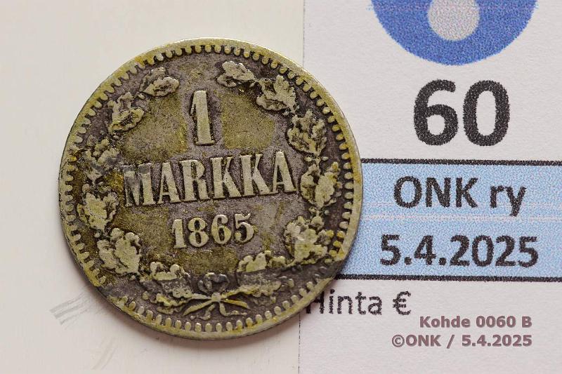 k-0060-b.jpg - Kohde 60 (kuva 2/2), lhthinta: 5 € / myyntihinta: 7 € 1 mk 1865 SNY 398.2.2 Ag. Likaa, kunto: 4/3