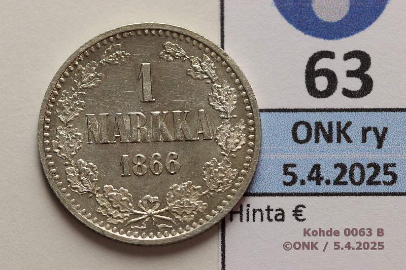 k-0063-b.jpg - Kohde 63 (kuva 2/2), lhthinta: 110 € / myyntihinta: 175 € 1 mk 1866 SNY 399.2.2 Ag. Erittin kaunis!, kunto: 8/9