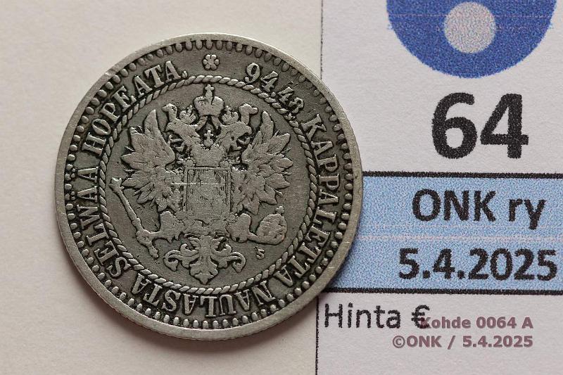 k-0064-a.jpg - Kohde 64 (kuva 1/3), lhthinta: 30 € / myyntihinta: 30 € 1 mk 1866 SNY 399.2.4 Ag. Prv, harvinaisempi variantti, kunto: 3