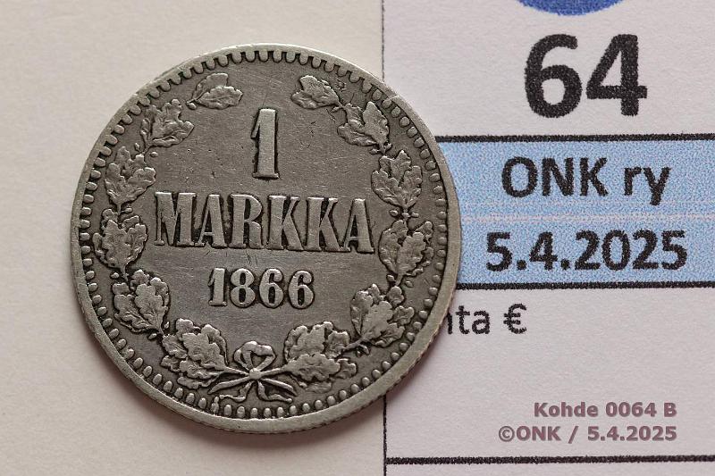 k-0064-b.jpg - Kohde 64 (kuva 2/3), lhthinta: 30 € / myyntihinta: 30 € 1 mk 1866 SNY 399.2.4 Ag. Prv, harvinaisempi variantti, kunto: 3