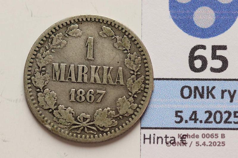 k-0065-b.jpg - Kohde 65 (kuva 2/2), lhthinta: 10 € / myyntihinta: 16 € 1 mk 1867 SNY 400.1.1 Ag, kunto: 3/4