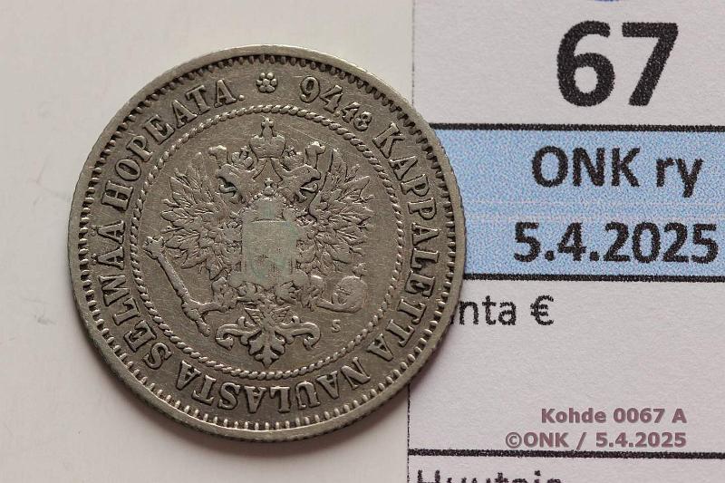 k-0067-a.jpg - Kohde 67 (kuva 1/2), lhthinta: 12 € / myyntihinta: 12 € 1 mk 1872 SNY 402.1 Ag, kunto: 3/4