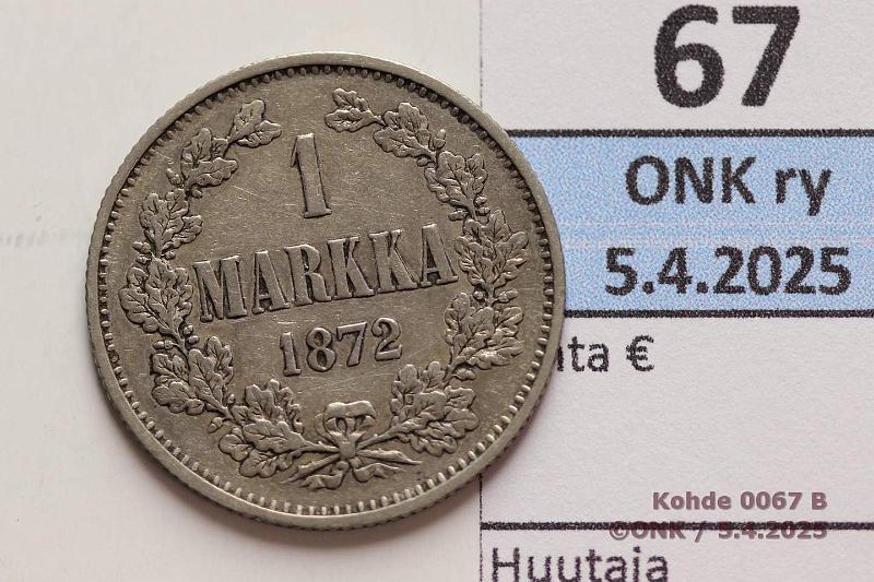 k-0067-b.jpg - Kohde 67 (kuva 2/2), lhthinta: 12 € / myyntihinta: 12 € 1 mk 1872 SNY 402.1 Ag, kunto: 3/4