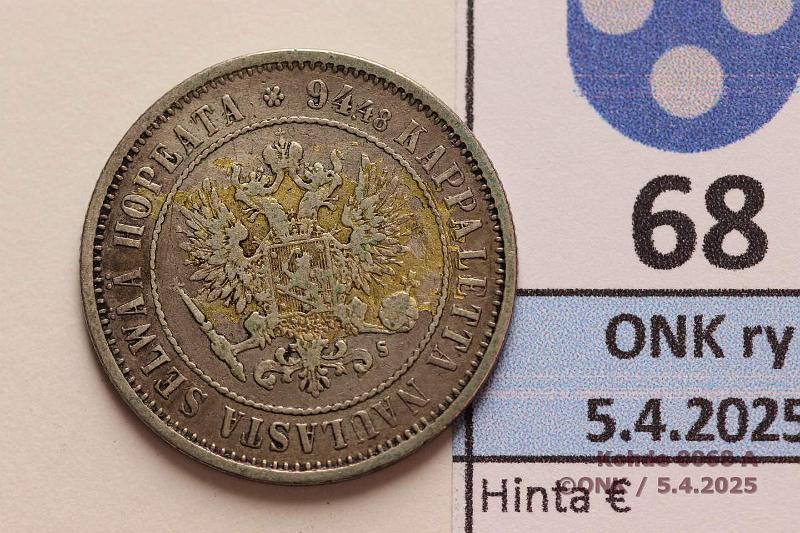 k-0068-a.jpg - Kohde 68 (kuva 1/2), lhthinta: 5 € / myyntihinta: 7 € 1 mk 1874 Ag, kunto: 4/5