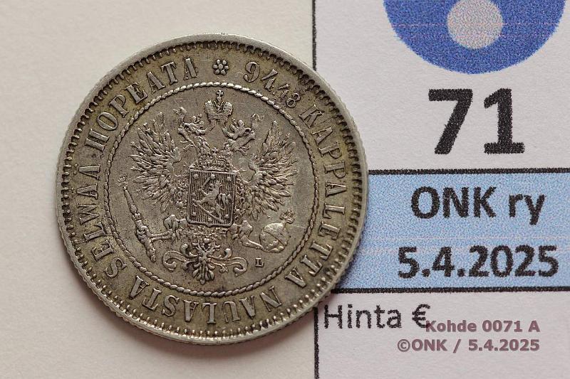 k-0071-a.jpg - Kohde 71 (kuva 1/2), lhthinta: 10 € / myyntihinta: 10 € 1 mk 1890 Ag, kunto: 6