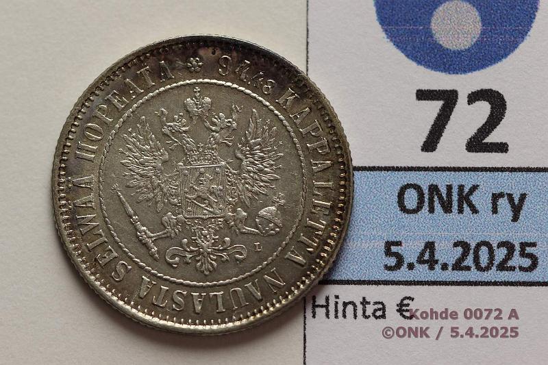 k-0072-a.jpg - Kohde 72 (kuva 1/2), lhthinta: 75 € / ei tarjouksia 1 mk 1890 Ag. Hieman patinaa, hnja, kunto: 9/8