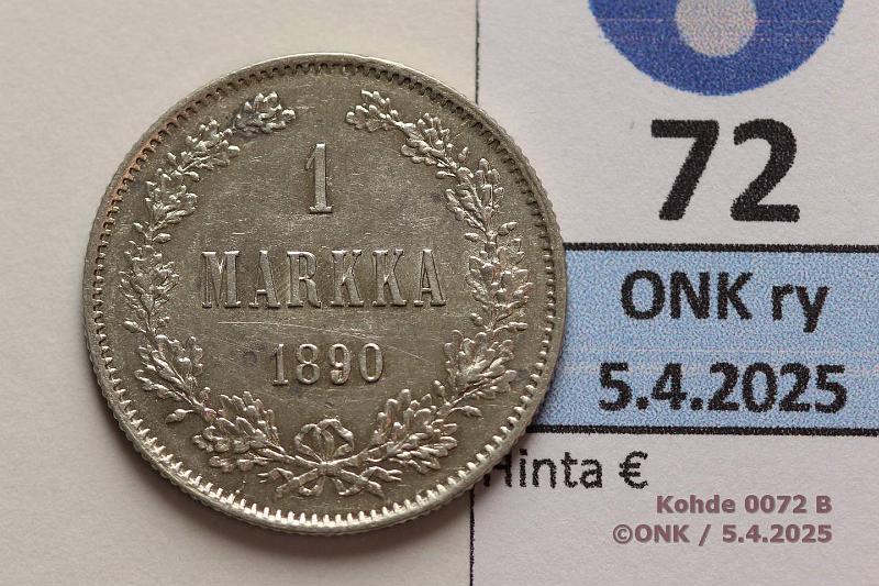 k-0072-b.jpg - Kohde 72 (kuva 2/2), lhthinta: 75 € / ei tarjouksia 1 mk 1890 Ag. Hieman patinaa, hnja, kunto: 9/8