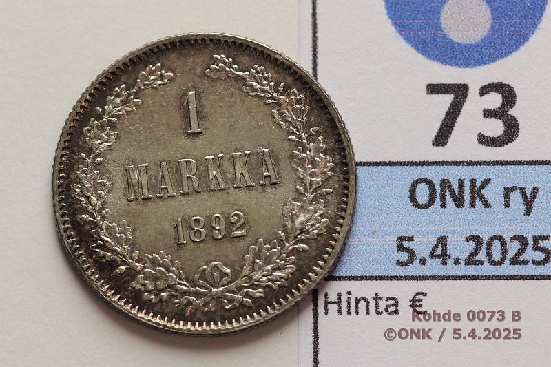 k-0073-b.jpg - Kohde 73 (kuva 2/2), lhthinta: 100 € / myyntihinta: 110 € 1 mk 1892 Ag. Patinaa, hnja, loistelias!, kunto: 9