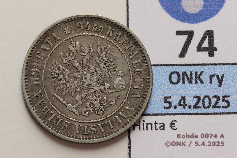 k-0074-a.jpg - Kohde 74 (kuva 1/2), lhthinta: 8 € / myyntihinta: 8 € 1 mk 1893 Ag. Patinaa, kunto: 6/5