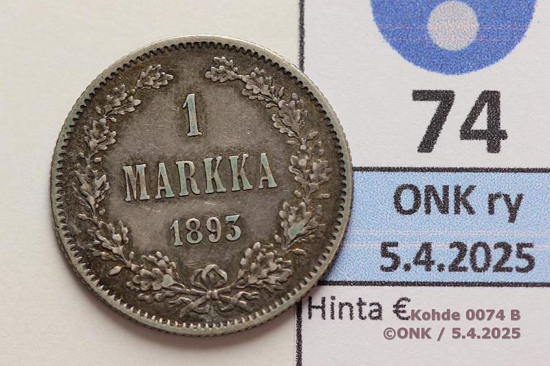 k-0074-b.jpg - Kohde 74 (kuva 2/2), lhthinta: 8 € / myyntihinta: 8 € 1 mk 1893 Ag. Patinaa, kunto: 6/5