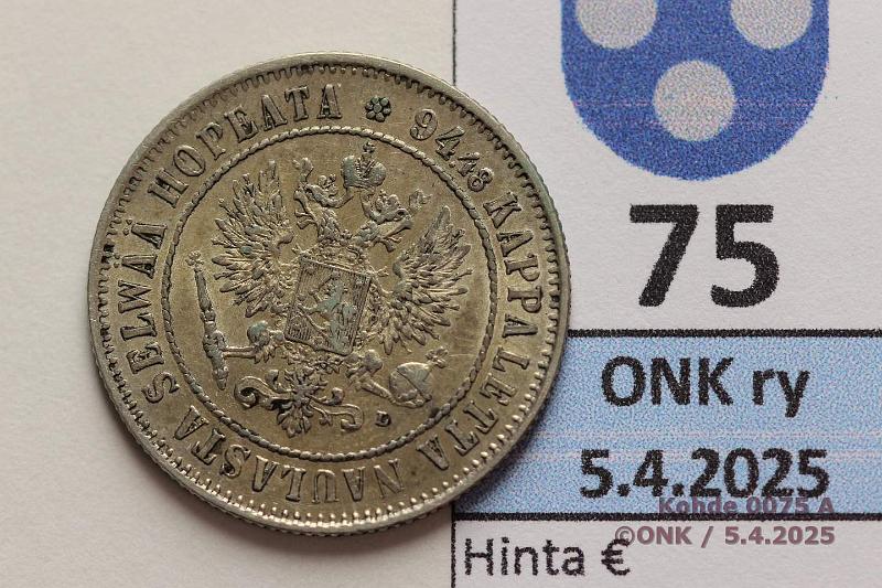 k-0075-a.jpg - Kohde 75 (kuva 1/2), lhthinta: 10 € / myyntihinta: 10 € 1 mk 1907 Ag. Patinaa, hyv, kunto: 7