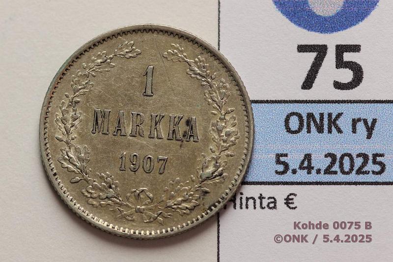 k-0075-b.jpg - Kohde 75 (kuva 2/2), lhthinta: 10 € / myyntihinta: 10 € 1 mk 1907 Ag. Patinaa, hyv, kunto: 7