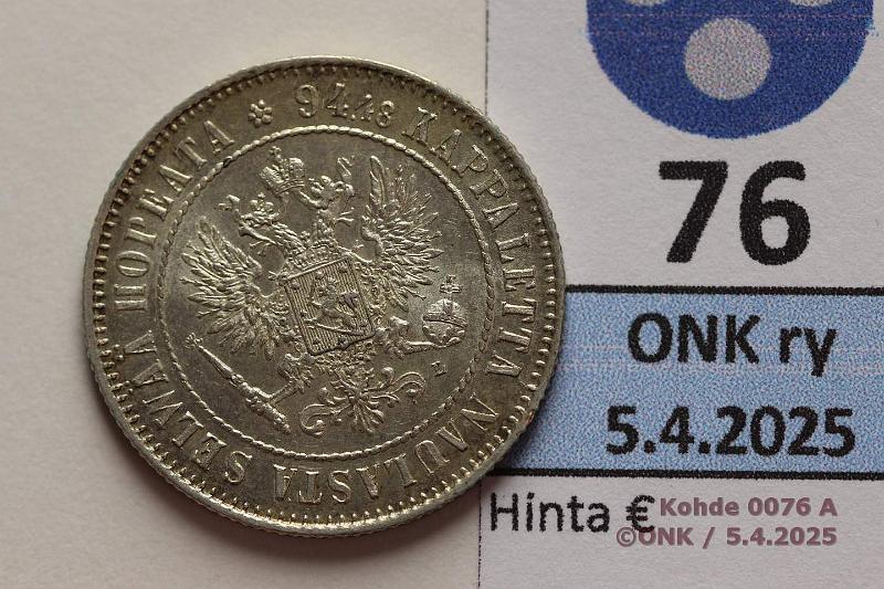 k-0076-a.jpg - Kohde 76 (kuva 1/2), lhthinta: 10 € / myyntihinta: 13 € 1 mk 1907 Ag. Hyv, kunto: 8