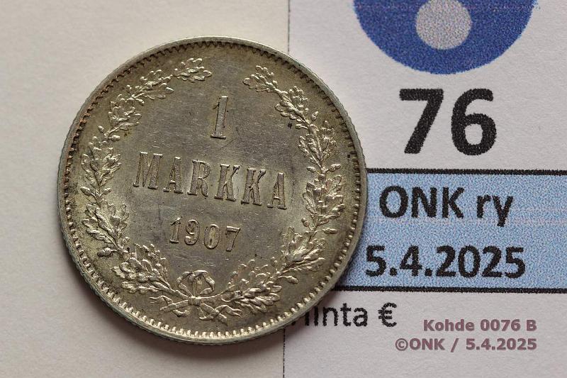 k-0076-b.jpg - Kohde 76 (kuva 2/2), lhthinta: 10 € / myyntihinta: 13 € 1 mk 1907 Ag. Hyv, kunto: 8