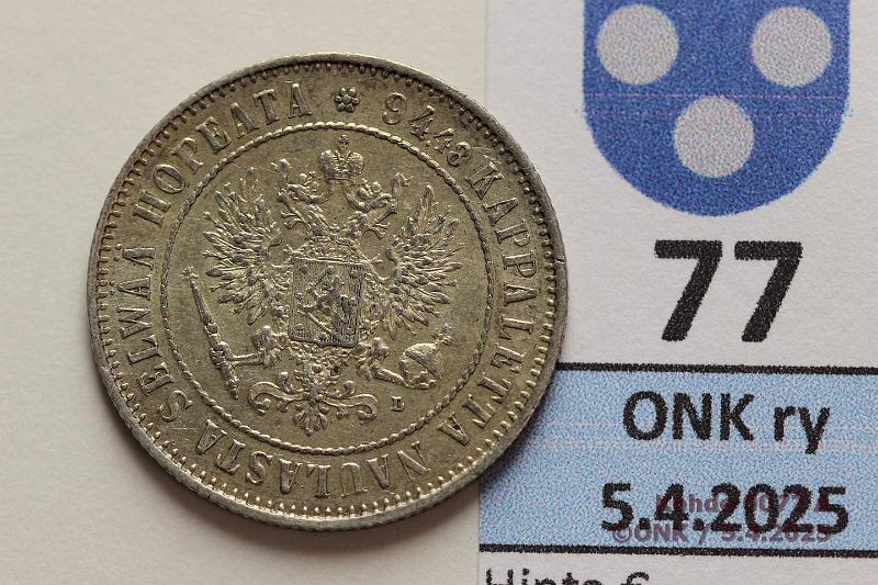 k-0077-a.jpg - Kohde 77 (kuva 1/2), lhthinta: 35 € / ei tarjouksia 1 mk 1908 Ag. Patinaa, hyv, kunto: 7/8