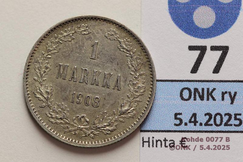 k-0077-b.jpg - Kohde 77 (kuva 2/2), lhthinta: 35 € / ei tarjouksia 1 mk 1908 Ag. Patinaa, hyv, kunto: 7/8